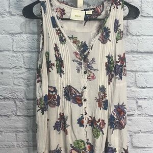 Anthropologie Maeve Ivory Floral Pintuck Raw Edge Swing Tank Top Small Button Up